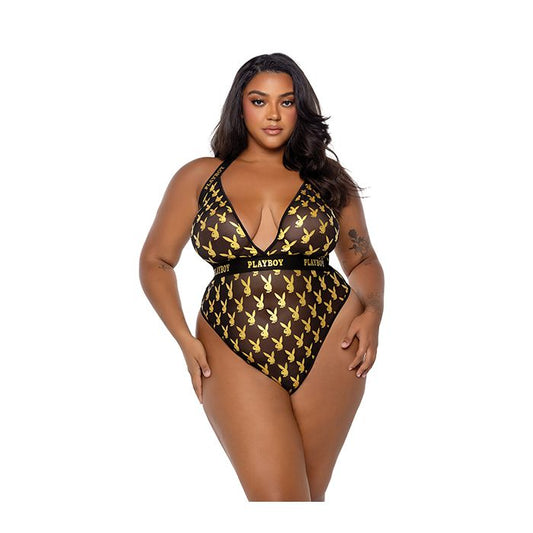 Lingerie - Playboy Bunny Gold Foil Halter Teddy - Black/Gold