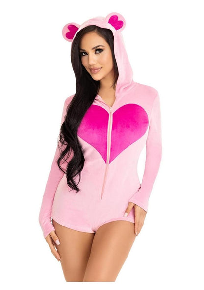 Loungwear - Sweetheart Bear Velvet Zip Up Romper with Heart Accent